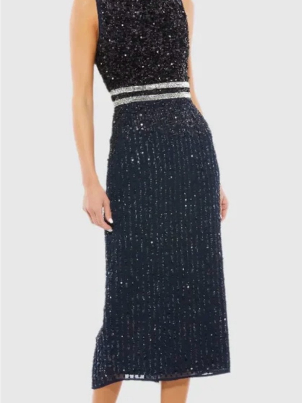 NWT Mac Duggal 93603 Sequin Midi Dress SZ 14 Navy Beaded Waist Formal